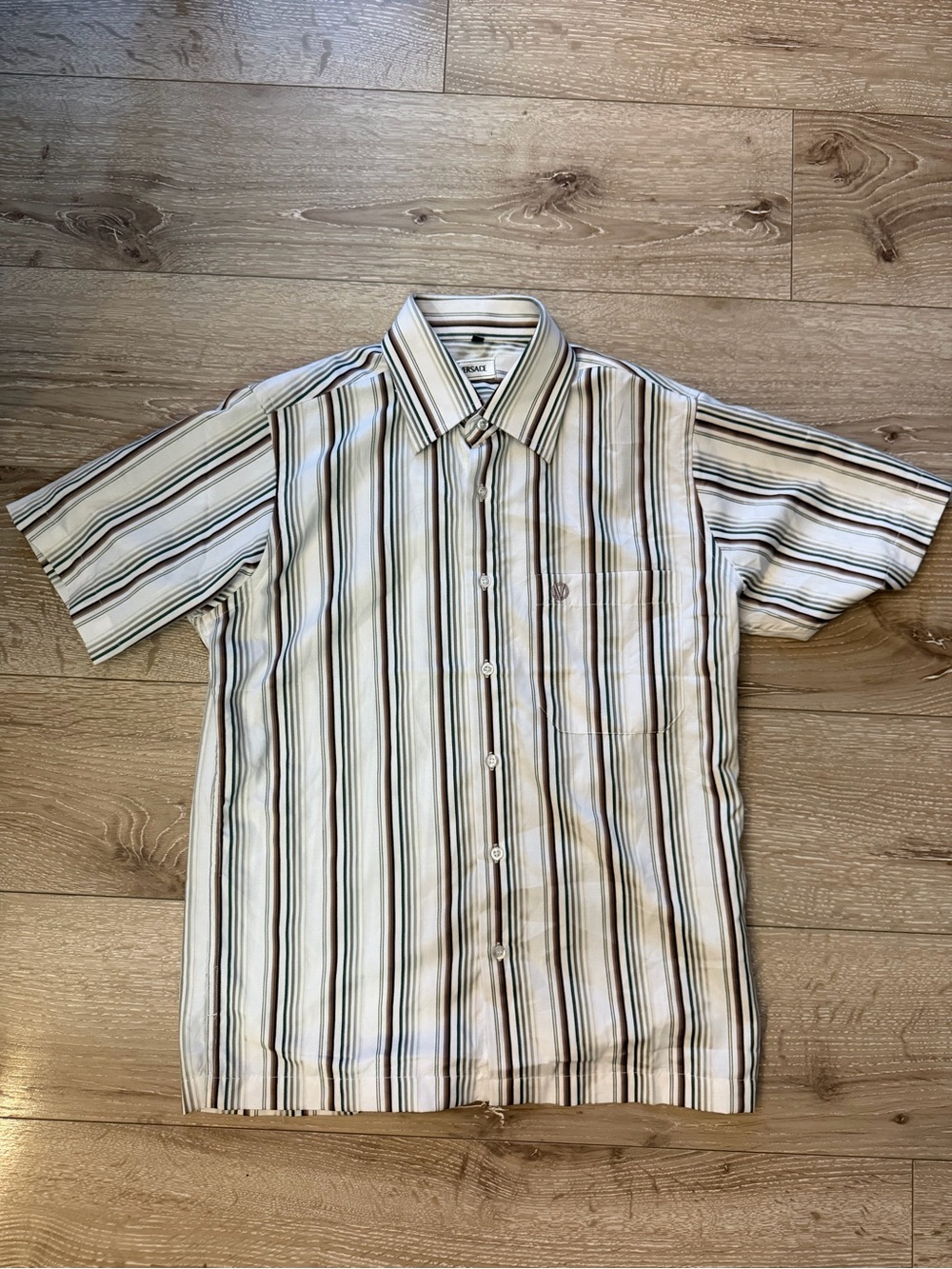 Vintage Versace Classic Short-Sleeve Stripe Button-Up Shirt in Cream and Brown